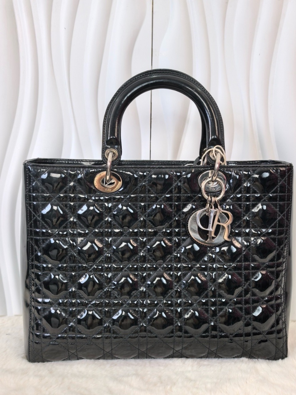 Dior Large Lady Dior Black Patent Quilted Satchel with Silver-Tone Charms